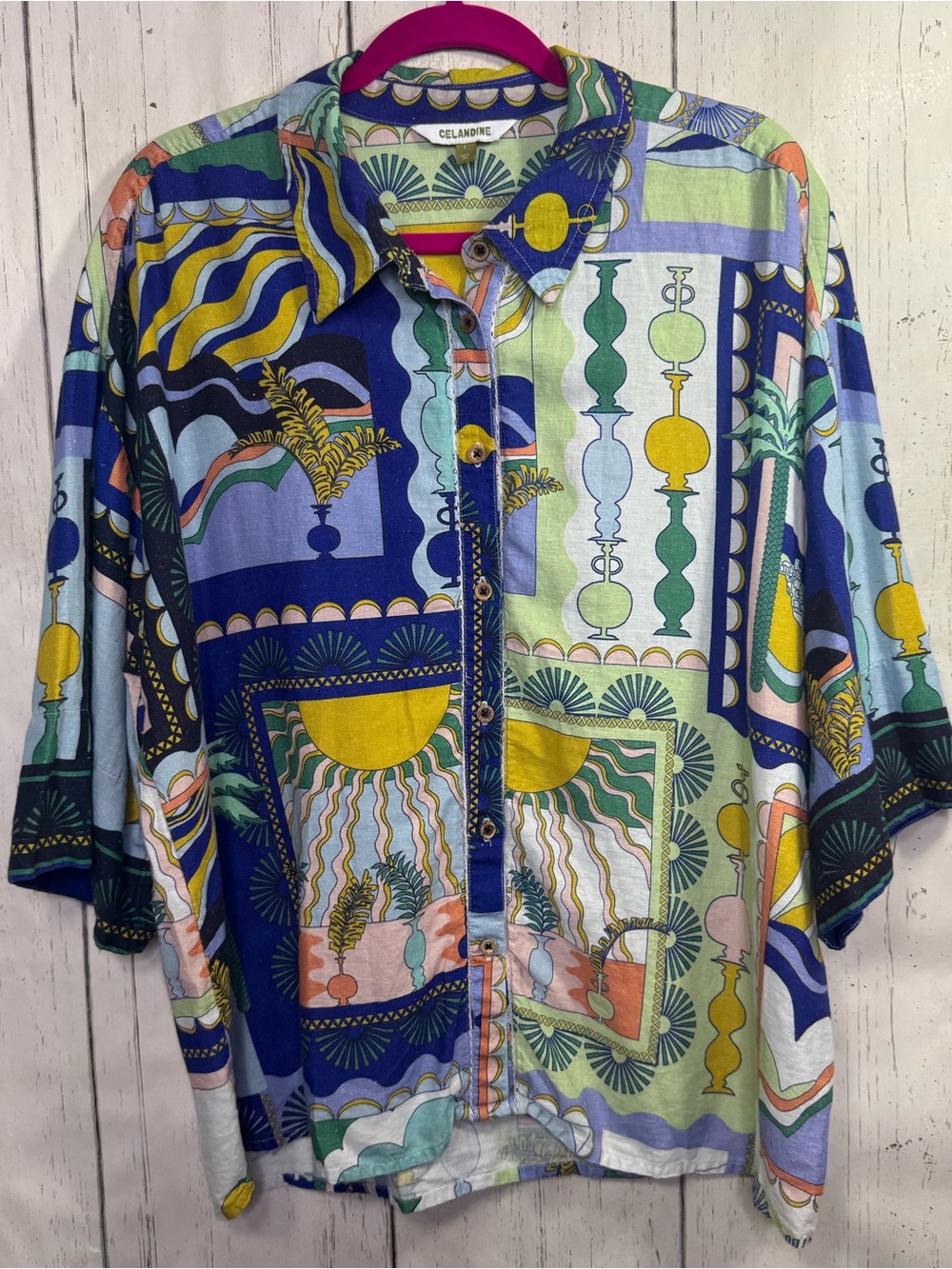 Celandine Multicolor Linen Blend Abstract Print Button Front Artsy Coastal Boho